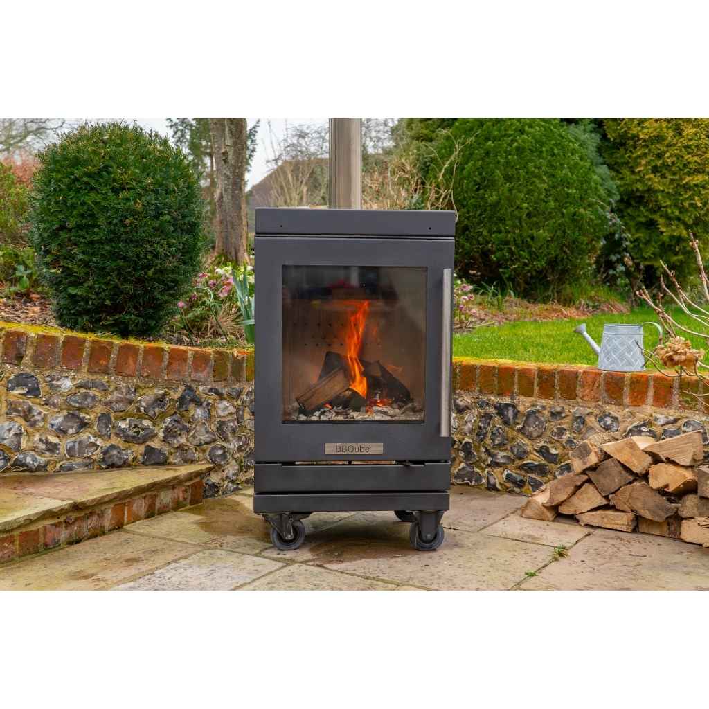BBQube HeatQube wood heater in garden
